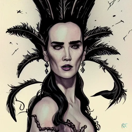 Image similar to Jennifer Connelly as dark fae gothic atompunk evil Disney villain queen with black feather hair, feathers growing out of skin, shedding feathers, in front of space station window, Mike mignola, trending on artstation, comic book cover, illustration