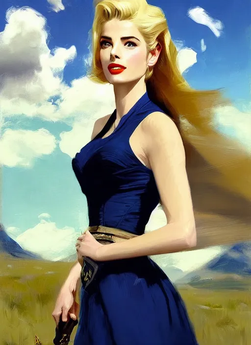 Image similar to A combination of Adriana Dxim and Grace Kelly’s and Ashley Greene's appearance with blonde hair as Zelda, countryside, calm, fantasy character portrait, dynamic pose, above view, sunny day, thunder clouds in the sky, artwork by Jeremy Lipkin and Giuseppe Dangelico Pino and Michael Garmash and Rob Rey and Greg Manchess, very coherent asymmetrical artwork, sharp edges, perfect face, simple form, 100mm