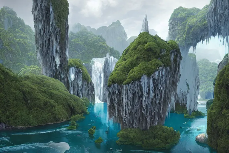 Prompt: first person perspective establishing shot of a shining palace surrounded by rivers, waterfalls, and gemstone cliffs by beeple and Roger Dean:1|fantasy, horizontal symmetry, cinematic, architectural design by Zaha Hadid:0.9|Unreal Engine, Octane, finalRender, devfiantArt, artstation, artstation HQ, behance, HD, 16k resolution:0.8