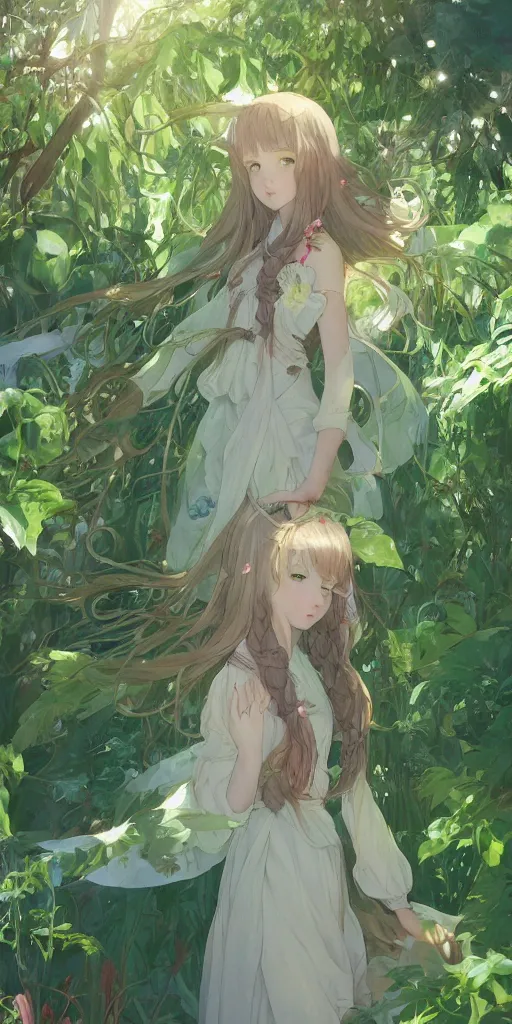 Image similar to a digital art of a loli with long hair in a dress in the privet garden at after noon, green and warm theme, by krenz cushart and mucha and akihito yoshida and greg rutkowski and makoto shinkai, low angle, long shot, back lighting, detailed eyes, 4 k resolution, trending on art station