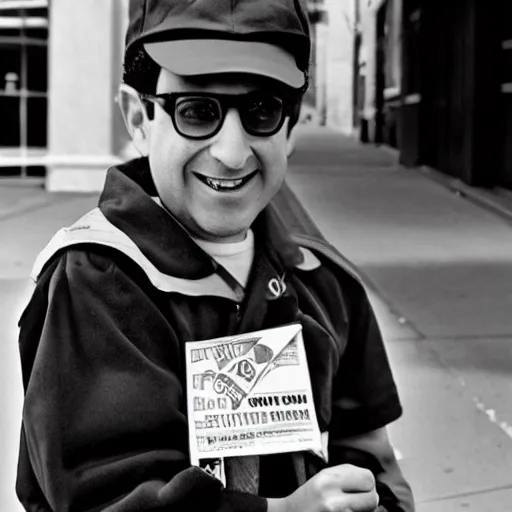Image similar to a picture of kevin mitnick dressed as a paper boy from the 6 0 s, canon, black and white, high resolution, perfect face, detailed face