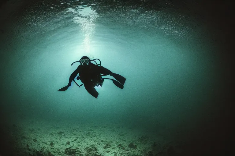 Prompt: a ominous scuba diver swimming underwater, photo-realistic low lighting, creepy, vast, shot by a camera,