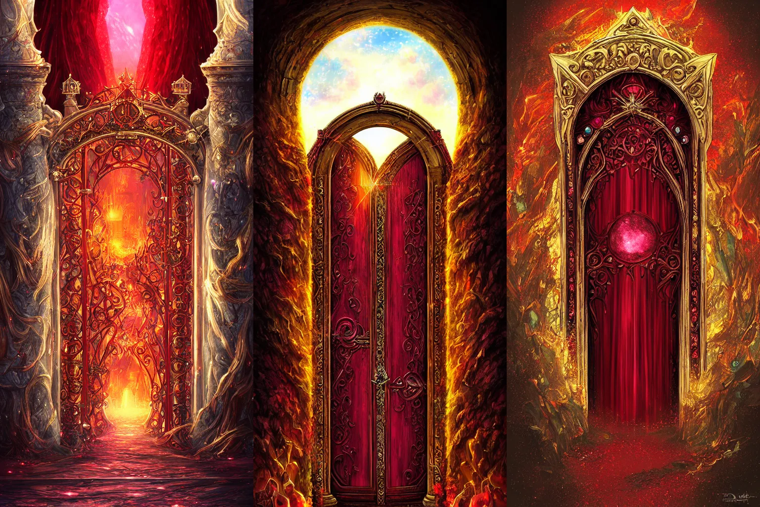 Prompt: The gate to the eternal kingdom of ruby gems, fantasy, digital art, HD, detailed.