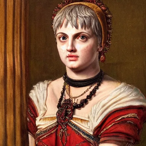 Image similar to A 17th century Baroque Painting of Nero Claudius Drusus, portrait of Nero Claudius Drusus, grainy, realistic, very realistic, hyperrealistic, highly detailed, very detailed, extremely detailed, very neat, very epic, very cool, detailed, trending on artstation