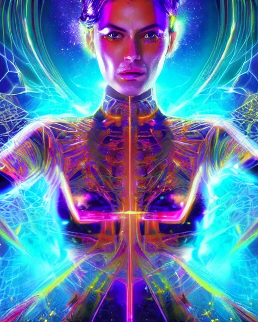 Image similar to a powerful energy psychedelic matrix woman, by alexander fedosav, hyper detailed digital matte painting, concept art, hyperrealism, 1 6 k resolution, cinema 4 d, 8 k resolution, trending on artstation, behance hd, a masterpiece, by stephan martiniere, particles, cel - shaded, power bright neon energy, by david a. hardy,