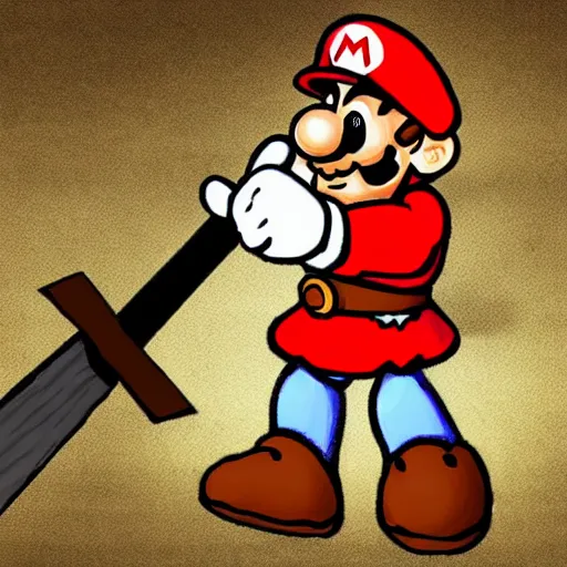 Image similar to medieval mario holding an axe, godfalls background