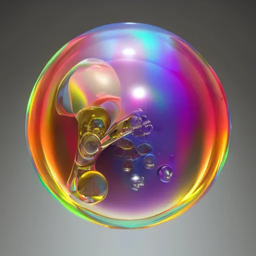 Prompt: perfume bottle floating in rainbow soap bubbles, path traced, environment, highly detailed, concept art, realistic, octane render, up close shot shinji aramaki, karol bak, alphonse mucha