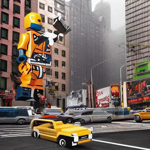 Image similar to “hyperrealist picture of a giant lego figure wreacking havoc in New York, digital art, concept art, blender, Artstation trending, Unreal Engine 5, 8k UHD”