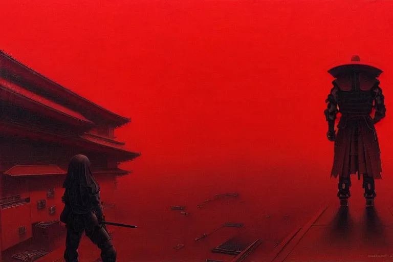 Image similar to only with red, a red cyborg samurai, tokio futuristic in background, some evil yokai, in the style of beksinski, parts by edward hopper, parts by rodcenko, parts by yue minjun, intricate and epic composition, red by caravaggio, insanely quality, highly detailed, masterpiece, red light, artstation, 4 k