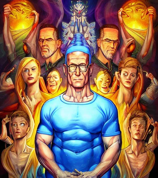 Prompt: symmetry, hank hill wearing a white tshirt, the god of propane, blue fire, art by mike judge, art by josephine wall, art by huang guangjian, art by viktoria gavrilenko, art by amanda sage, dramatic lighting, trending on artstation