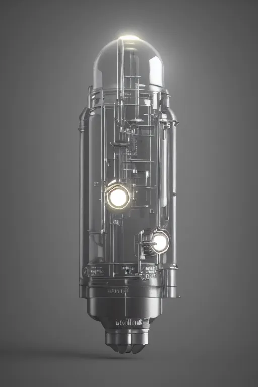 Prompt: Product shot of a glowing electron Vacuum tube by Craig mullins, volumetric light, artstation, , octane render, high contrast, rich deep lighting, redshift render,