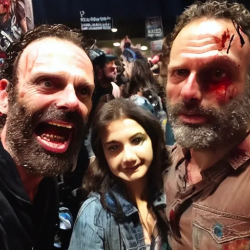 Image similar to selfie shot by a walking dead zombie with rick grimes at comic con