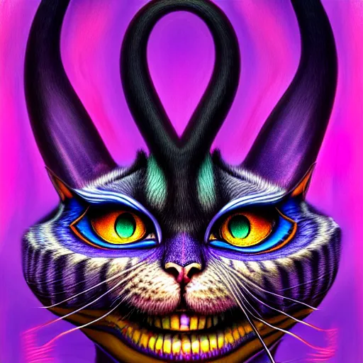 Prompt: An extremely psychedelic portrait of Cheshire cat, Surreal, LSD, face, detailed, intricate, elegant, lithe, highly detailed, digital painting, artstation, concept art, smooth, magical, Occult, astonishingly beautiful, sharp focus, illustration