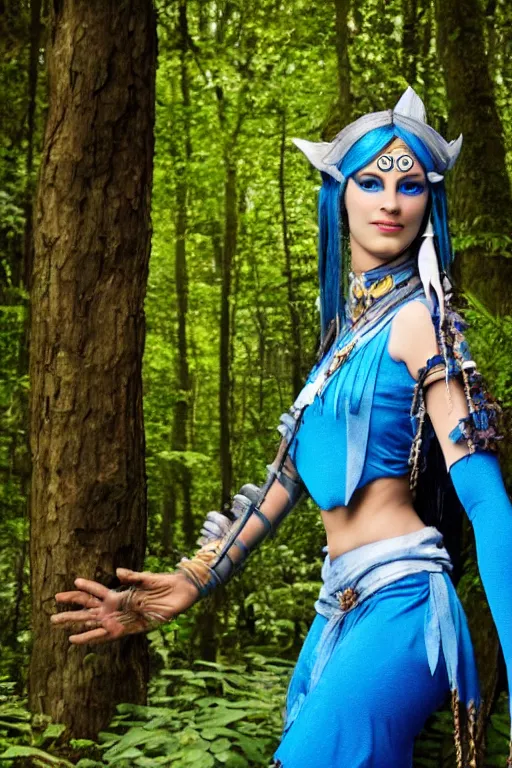 Image similar to a german woman dressed as a blue-skinned female navi from avatar standing in a forest, high resolution film still, 8k, HDR colors, cosplay, outdoor lighting, high resolution photograph, photo by bruce weber