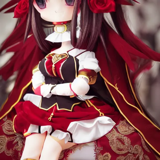 Image similar to cute fumo plush of a gothic maiden in a red and gold uniform, laces and ribbons, soft shadow, anime girl, vray, symmetry, white frame