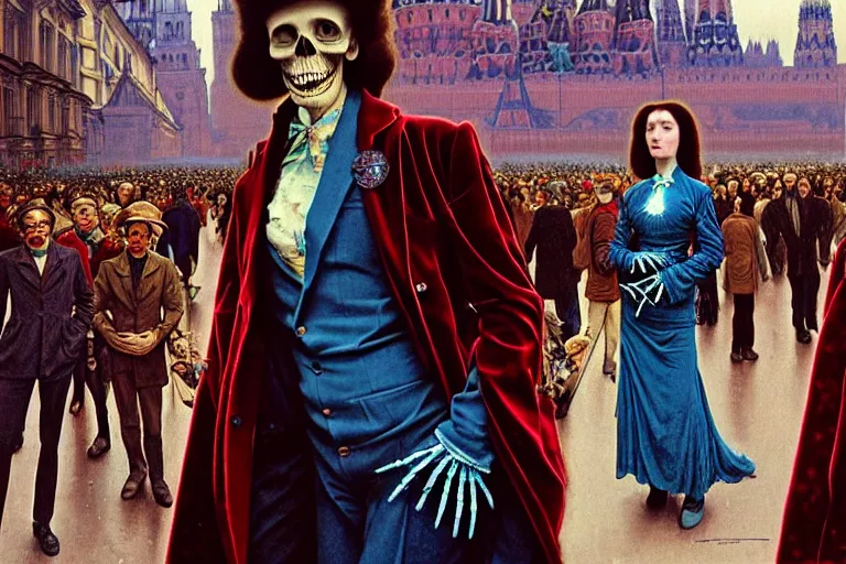 Image similar to realistic detailed photorealistic film portrait shot of a single skeleton wearing crimson velvet blazer in a crowded futuristic moscow street by Denis Villeneuve, Amano, Yves Tanguy, Alphonse Mucha, Ernst Haeckel, Andrei Tarkovsky, Edward Robert Hughes, Roger Dean, rich moody colours, wide angle, blue eyes