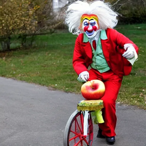 Image similar to einstein is wearing a clown outfit, he is riding a unicycle, he is eating an apple,