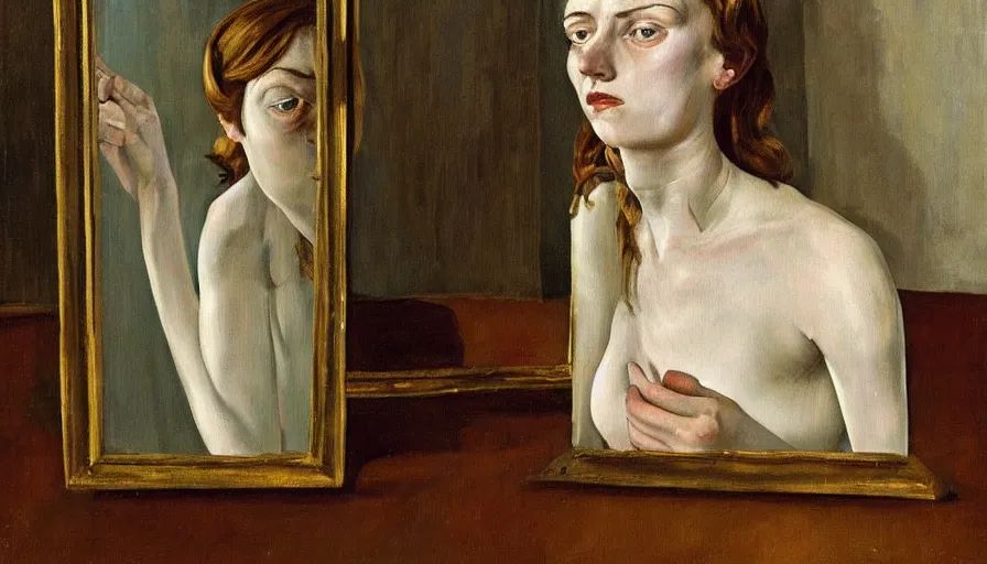 Image similar to painting by lucien freud, young woman in front of the mirror, detailed, stunning