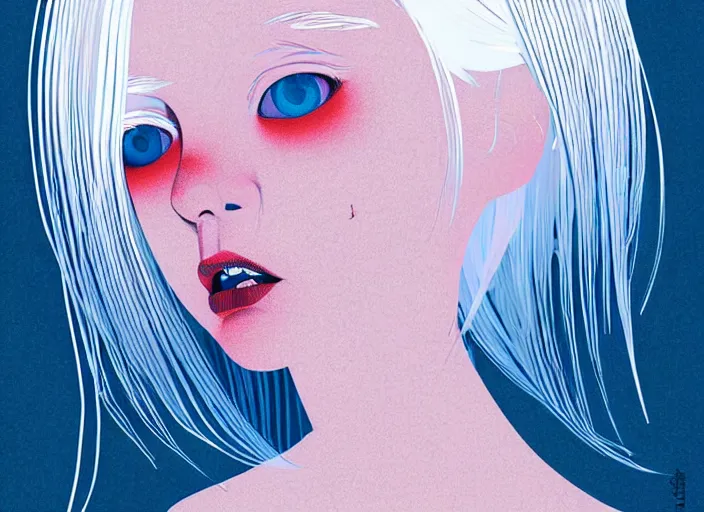 Image similar to portrait of a young girl with white hair colorful, illustration by Mads Berg and Karolis Strautniekas,small finely stippled light, dramatic lighting,fine texutre, editorial illustration, detailed,katsuhiro otomo, dynamic composition,moody, cinematic, film grain,manga, gradients, smooth