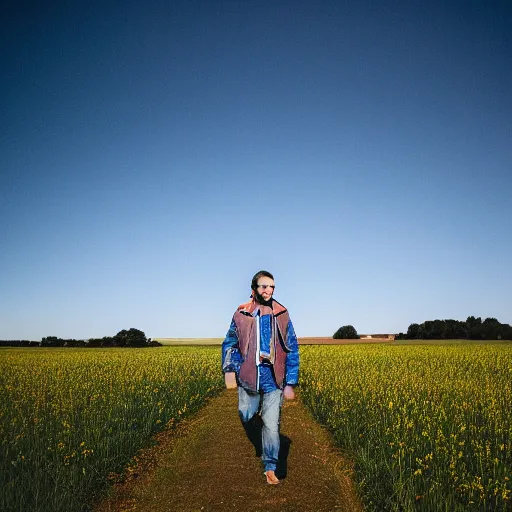 Image similar to steven bonnell ii in a blue jacket walking in a field, 2 0 mm sigma lens, sony a 7 siii