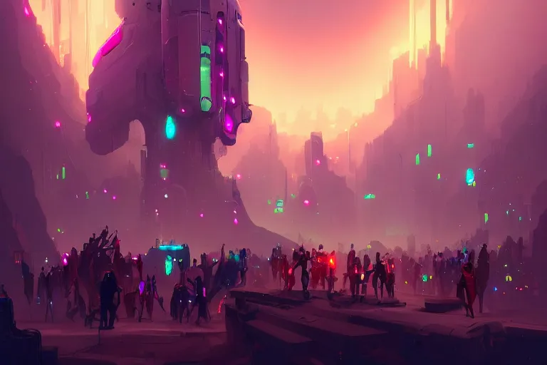 Image similar to crowded place, many people, gathering, people, cyberpunk, bionics, augments, lights, cables, colorful, vivid, imposing, epic, digital painting, artstation, concept art, by peter mohrbacher and wlop and rhads,