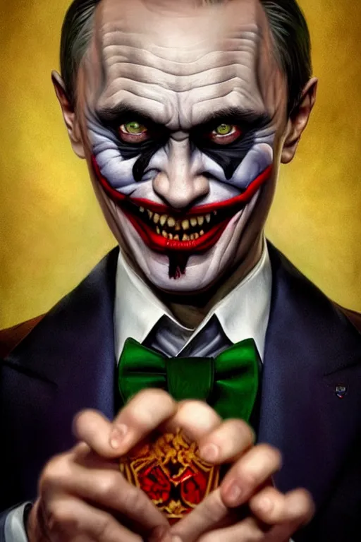 Image similar to vladimir putin as joker, realistic portrait, symmetrical, highly detailed, digital painting, artstation, concept art, smooth, sharp focus, illustration, cinematic lighting, art by artgerm and greg rutkowski and alphonse mucha