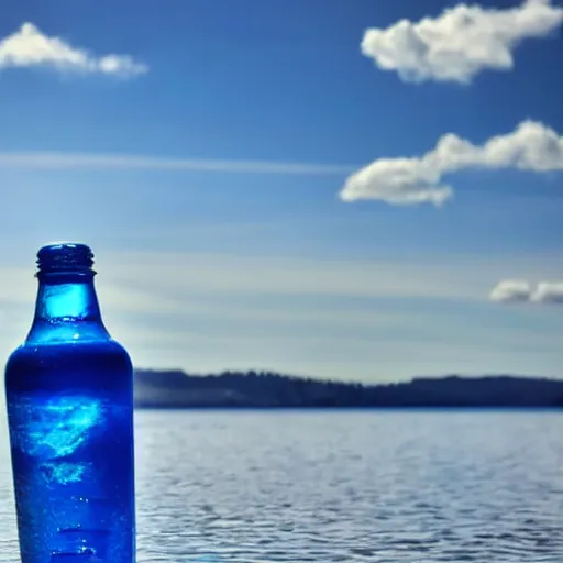 Image similar to bottle of mineral water balancing on its edge on the water surface in the center of the frame, a blue sky with clouds from above, minimalistic and beautiful