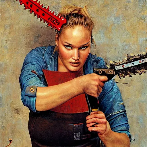 Prompt: bar refaeli with an unhinged expression, holding a chainsaw, by normal rockwell and michael cheval