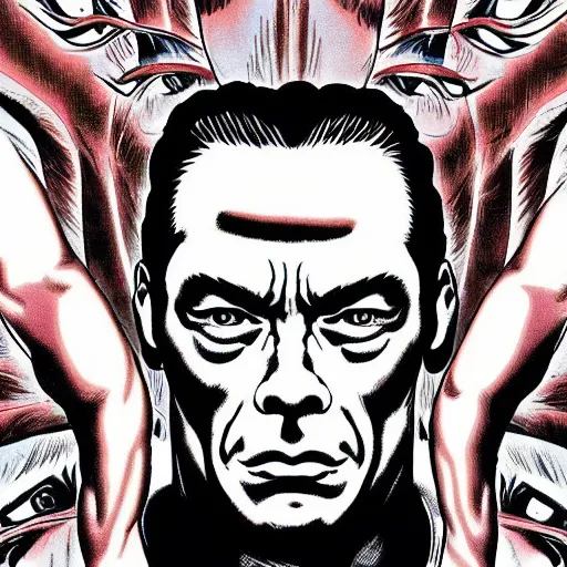 Image similar to strange full length portrait directed gaze of jean claude van damme by yuji moriguchi and shintaro kago