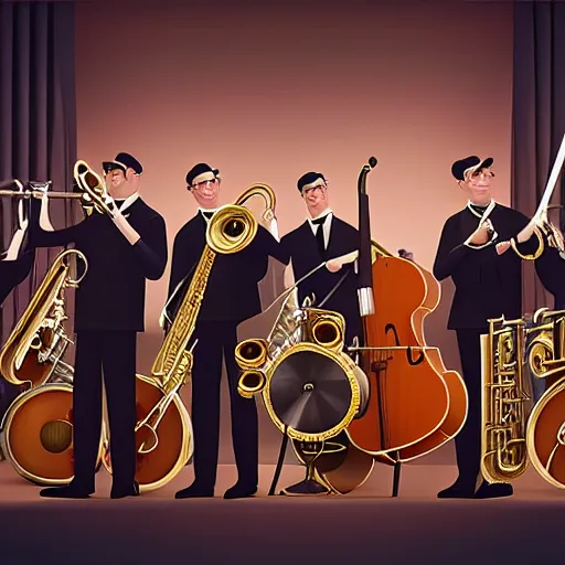 Prompt: 1940's Jazz band playing a show, photorealistic art, hd, 8k, cinematic lighting, intricate details, high definition