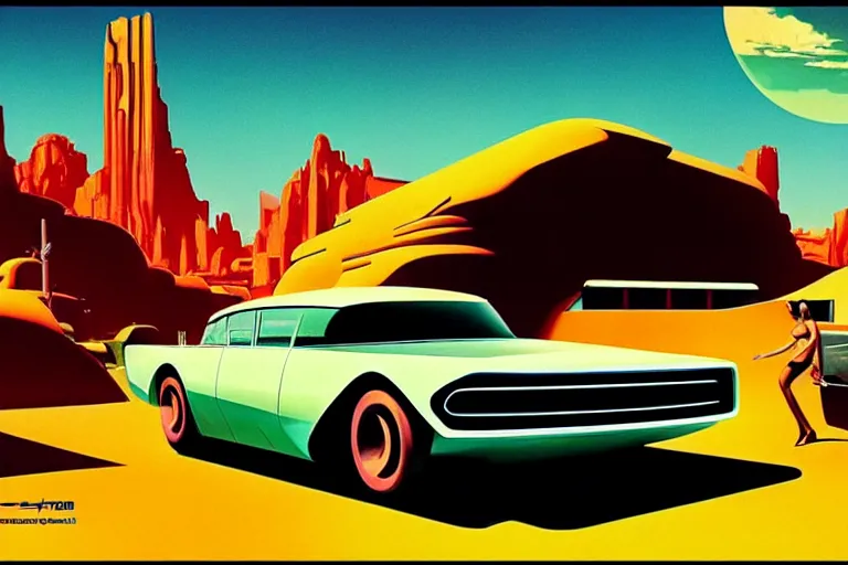 Prompt: a cinematic matte painting of a sleek 1 9 6 0 s vaporwave retro - futurism sci - fi car in a cluttered garage in the american southwest. cactus. by eric lafforgue, glennray tutor and edward hopper, greg rutkowski. trending on artstation.