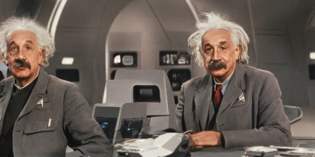 Prompt: Albert Einstein in a starfleet uniform from the new Star Trek movie