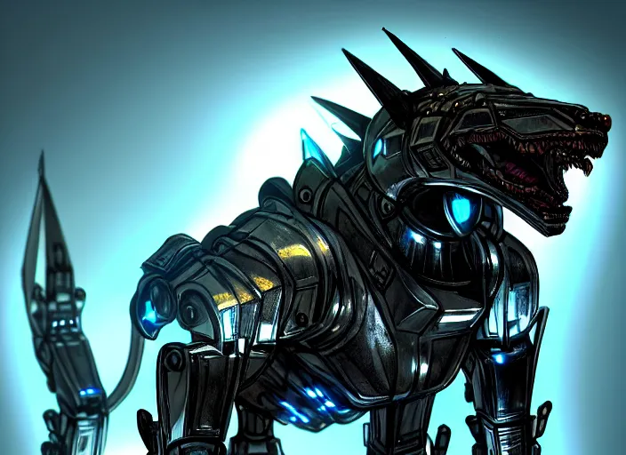 Image similar to hyper realistic, epic, highly detailed cinematic fukll, shot of a gigantic feral robot mecha canine, sharp dragon claws, detailed glowing head, metal ears, cannon mounted on back, sleek armor, glowing visor, detailed sharp claws, digital art, furry art, macro art, dragon art, furaffinity, deviantart, sofurry