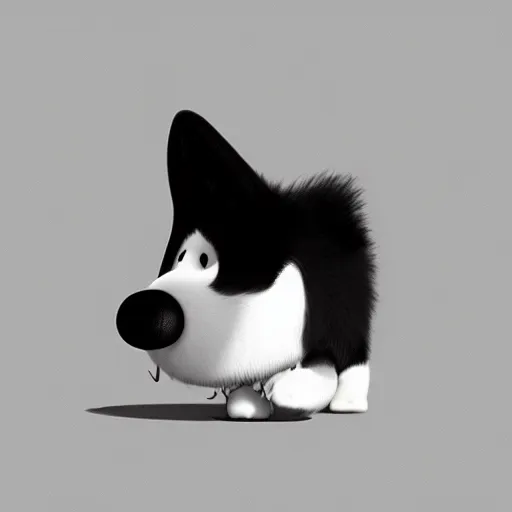 Image similar to Goro Fujita illustrating a beautiful black and white fluffy dog, with big ears on a plain background, art by Goro Fujita, sharp focus, highly detailed, ArtStation