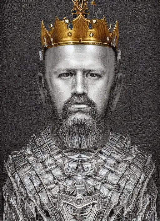 Image similar to portrait of king arthur knight with a crown with engravings, studio portrait against a black background, modern fine art, fractal, intricate, elegant, highly detailed, digital photography, subsurface scattering, in the style of ghost, by jheronimus bosch and yue minjun and giger and greg rutkowski,