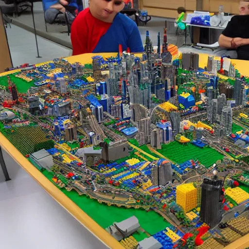 Image similar to large lego city built on a large table, viewed from several metres away