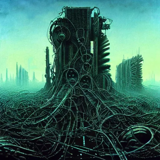 Prompt: resistance fighters, the terrible fate of the world after nuclear war, ruined cities, ai robot tendril remnants, biomachine war against humanity, beksinski, giger, machine entity, blue purple contrast, ambient art wallpaper popular on artstation