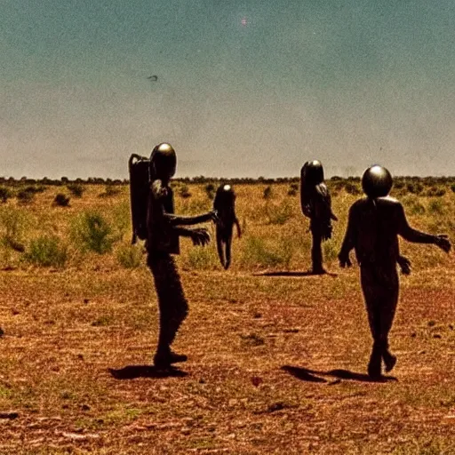 Prompt: real aliens disembarking ufo in african savannah, grainy photo, specular highlights, photography