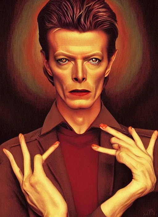 Image similar to twin peaks poster art, portrait of david bowie lost in the labyrinth of the red room, other dimension, this is his fate for the next two years, by michael whelan, rossetti bouguereau, artgerm, retro, nostalgic, old fashioned