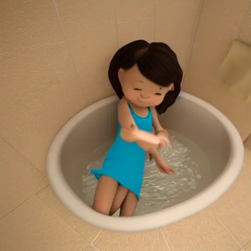 Prompt: 3 d render of a tiny woman wearing a towel surfing in a bathtub in pixar style