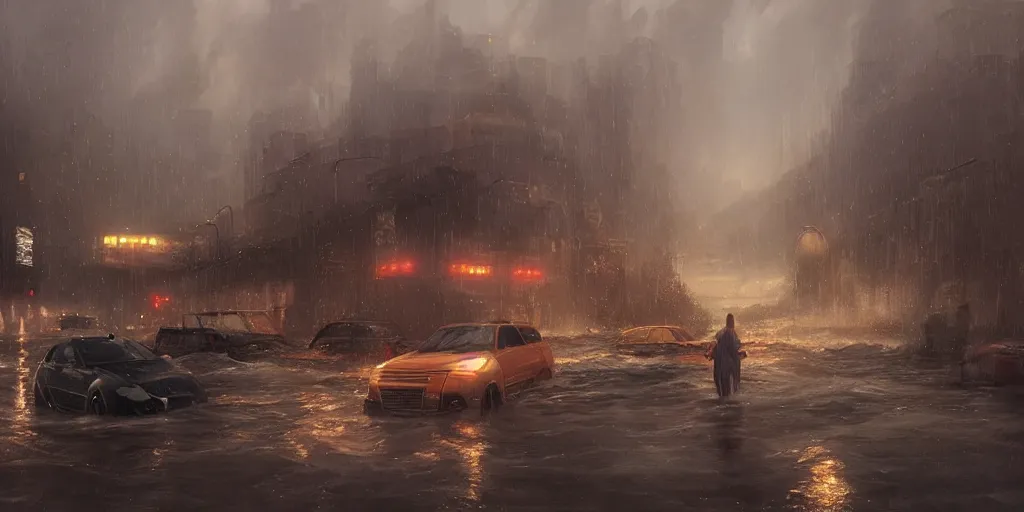 Prompt: los angeles hit by a biblical flood during a storm, dramatic lighting, beautiful, stunning landscape artwork by artgerm, rutkowski, wlop featured on artstation, cgsociety, behance hd