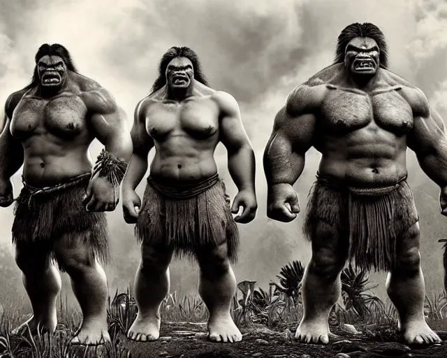 Image similar to hyper realistic group vintage photograph of a live action warcraft orc warrior tribe in the jungle, tall, hulk like physique, detailed faces, tribal paint, tribal armor, grain, old, monochrome, sepia toned, realistic lighting, wide angle