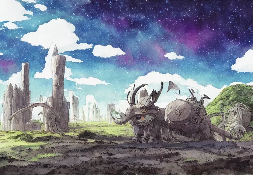 Prompt: a hyperrealist watercolor concept art from a studio ghibli film showing a giant grey mechanized prehistoric beast from howl's moving castle ( 2 0 0 4 ). stonehenge is under construction in the background, in the rainforest on a misty and starry night. by studio ghibli. very dull muted colors