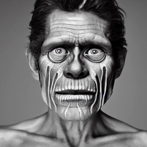 Prompt: a close - up portrait photo of willem dafoe frog fly by erwin olaf, make - up art and styling by takahashi murakami