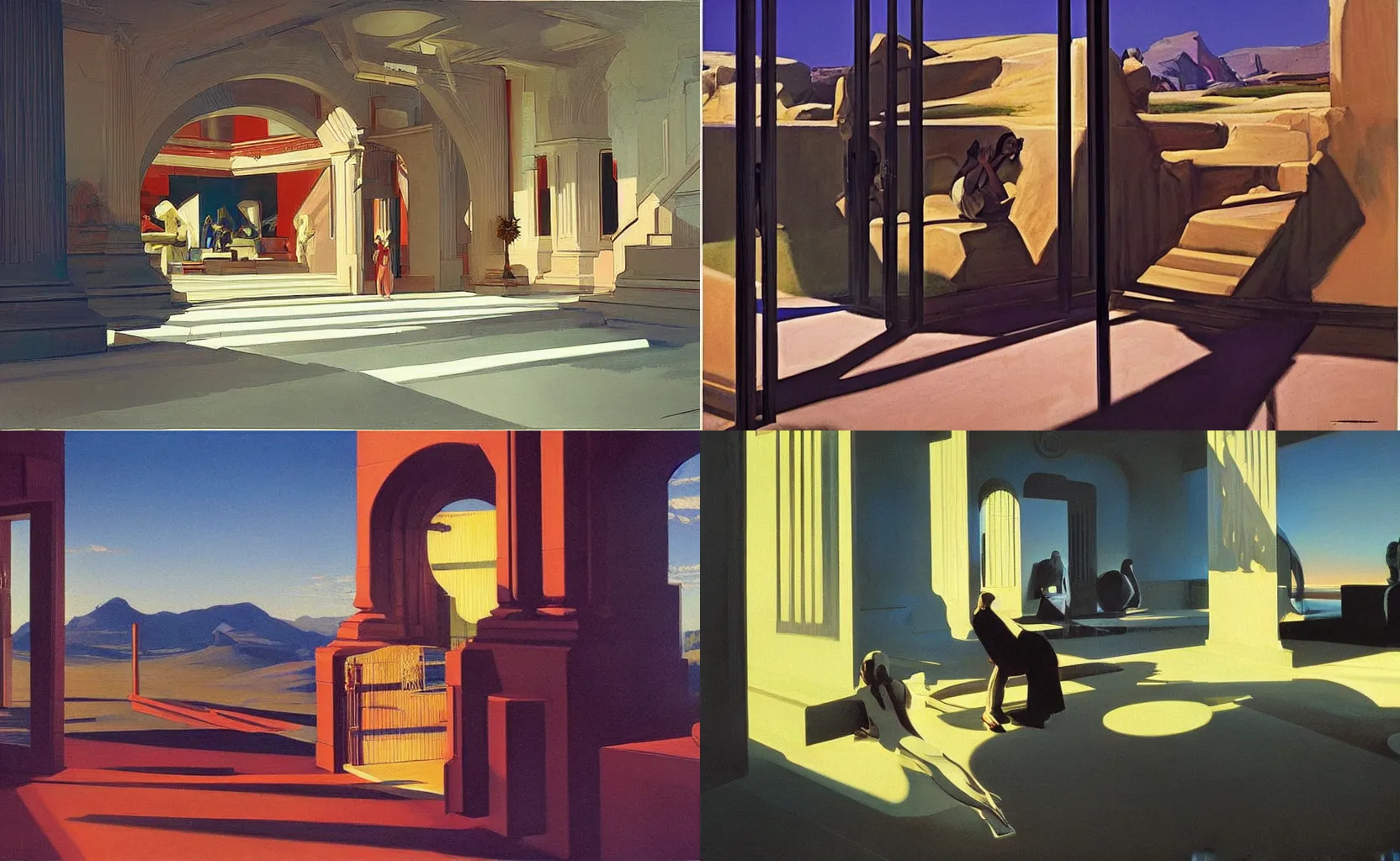 Prompt: heaven's gates, fantasy painting by Syd Mead and Edward Hopper,