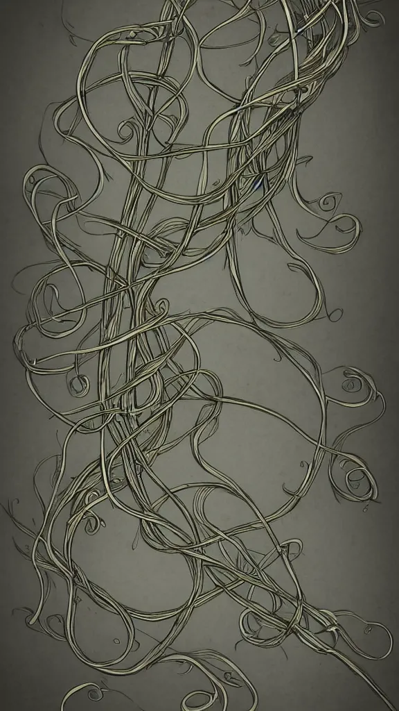 Image similar to a flute with long thick vines wrapping around it, fantasy art, art station, grey background,