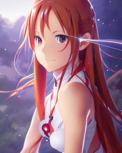 Image similar to photo of asuna from sao, asuna by a - 1 pictures, by greg rutkowski, artgerm, rossdraws, magali villeneuve, gil elvgren, alberto vargas, earl moran,, art frahm, enoch bolles, glossy skin, pearlescent, anime, maxim magazine,