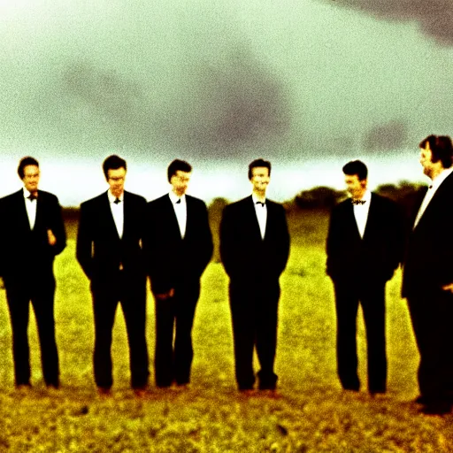 Image similar to 8 mm film, blurry, grainy, liminal, unsettling, group of tall men in suits in a field at night, thunderstorm, dark