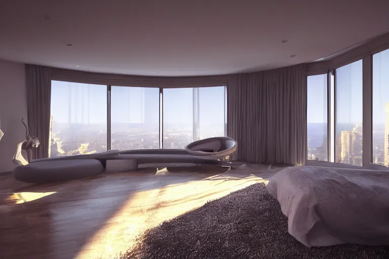 Image similar to futuristic highly detailed modern bedroom with a nice window view, complex design, realistic, octane render, unreal engine 5, raytracing, volumetric light, trending on artstation