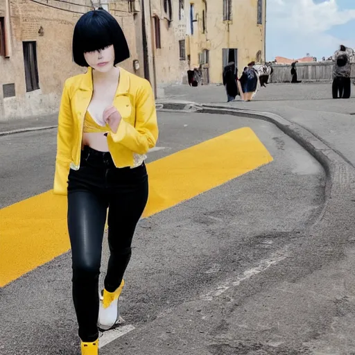 Image similar to 1 7 - year - old pale - skinned anime girl with black long bob cut, long bangs, black gothic jacket, black jeans, running through italian city, yellow sunshine, sepia sun, ultra - realistic, sharp details, subsurface scattering, intricate details, hd anime, 2 0 1 9 anime